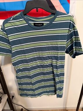 PacSun Green and Blue Striped Short Sleeve Crewneck Tee